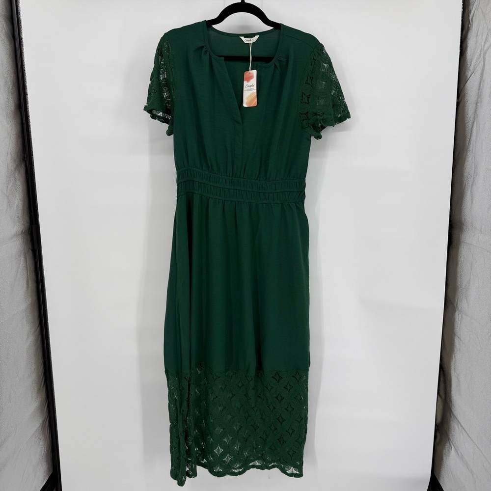 Simplee Boho Cottagecore Lace Sleeve Dress Smocked Waist Flowy Romantic Dress